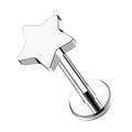 Gedetailleerd macrobeeld van zilveren ster G23 titanium labret met platte basis - 1.0x6mm
