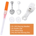 Detailed set of piercing tools including 14G needle, acrylic clamp, and naval rings - White Zirconia Style
