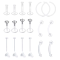 Detailed set of clear acrylic bioflex piercing retainers for nose, lip and ears - Labret And Zirconia Stud And Curved Barbell And Earring Back Mix