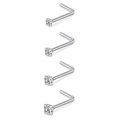 Nahaufnahme von vier L-förmigen Edelstahl-Nasensteckern mit funkelnden Zirkonia-Steinen - Typ E 4-teiliges Set (L-Form Silber)