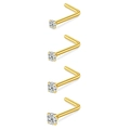 Makro-Detail von vier goldenen L-Nasensteckern mit funkelnden runden Zirkonia-Steinen - Typ J 4-teiliges Set (L-Form Gold)