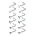 Set de 12 piercings de nariz en forma de L de acero inoxidable con circón y opale - Juego Tipo A de 12 Piezas (L Mixto) / Plateado