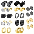 Details von 24-32 Stück Edelstahl-Ohrring-Set mit schwarzen und weißen Zirkonia-Steinen - Set C / Schwarz Gold Silber Gemischt