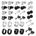 24-32 tlg. Punk-Ohrring-Set aus Edelstahl mit Steckern und Creolen in Silber und Schwarz - Set D / Silber und Schwarz Mix