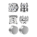 3 pairs of magnetic zircon stud earrings for non-pierced ears with silver claw setting - Round Square And Mirror Set / Silver Assortment