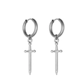 Unisex silver stainless steel hoop earrings featuring detailed hanging sword charms - Sword Style (Style-11)
