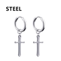 Polished silver stainless steel hoop earrings with hanging cross pendants in punk style - Flat Cross (Style-16)