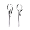 Silver punk style stainless steel drop earrings with solid cone and long Cuban chain link - Spike Chain (Style-17)
