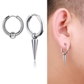 Gothic asymmetric silver stainless steel hoop earrings with spike and bead drop charms - Beaded and Tapered Style