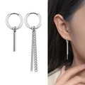 Asymmetric stainless steel drop earrings with spike and chain tassels in gothic style - Cylindrical Pendant and Double Chain Tassel Style