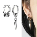 Detail of silver asymmetric stainless steel earrings with hoop and spike cone charms - Moving Mini Rings and Sharp Cone Style