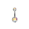 Piercing para ombligo plateado pulido con cristales AB arcoíris y barra curva - Blanco AB