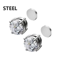 Pair of non-piercing magnetic steel earrings with round clear cubic zirconia stones - Round Zirconia (Pair) / Silver Style B