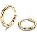 Detail view of golden stainless steel hoop earrings with secure hinge closure and polished finish - 8mm / Gold