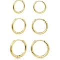 Three pairs of polished gold stainless steel hoop earrings in varying sizes on white background - 8mm / Black