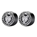 Pair of black magnetic stud earrings with silver wolf head and runic symbols - Wolf Head Viking Rune Style / Black Style F