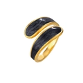 Close-up of golden adjustable stainless steel ring with black starry enamel inlay - Adjustable Open / Pearlescent Black