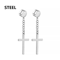 Orecchini a clip in acciaio argento con catena e pendente a croce per uomo - Catena Croce Magnetica (Stile L) / Argento