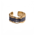 Minimalist stainless steel open wave ring with black texture and golden edges - Adjustable / Pearlescent Black