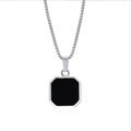 Detail view of square stainless steel pendant with black drip oil on silver box chain - Box Chain (60cm) / Steel