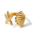 Anillo ajustable de acero inoxidable dorado con motivos de estrella de mar y concha marina - Anillo Abierto de Concha y Estrella de Mar (QYF136) / Dorado