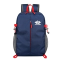 Faltbarer dunkelblauer Wanderrucksack mit roten Reißverschlüssen und VANAHEIMR Logo - Dunkelblau