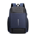 Blue and black business laptop backpack with USB charging port and reflective vertical lines - Dark Blue