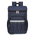 Dark blue insulated cooler backpack with reflective strip and bungee cord details - Blue