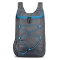 Foldable lightweight outdoor backpack in dark grey with sky blue bungee cord detail - 10L or Less / Gray