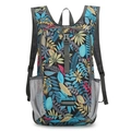 Wasserdichter Fahrradrucksack mit buntem Tropenblatt-Print und grauen Netztaschen - Blattmuster