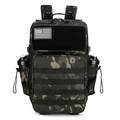 Tactical camouflage backpack with MOLLE system and dual water bottles in black camo - Dark Night Camouflage