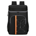 Large black insulated picnic backpack with orange accents and elastic front cords - Black