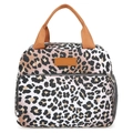 Leopard print insulated lunch bag with brown handles and waterproof fabric finish - Grey Leopard Print