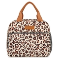 Isolierte Lunchtasche mit Leopardenmuster, braunen Griffen und Netzfach für das Büro - Khaki Leopard