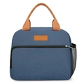 Dunkelblaue Isoliertasche für Lunch mit braunen Griffen und praktischer Netztasche - Blau