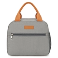 Grey Oxford fabric insulated lunch bag with brown handles and side mesh pocket - Gray