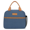 Bolsa térmica azul oscuro con asas marrones y práctico bolsillo lateral de malla - Azul