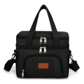 Black double-layer insulated lunch bag with Oxford cloth, leather label, and shoulder strap - Black