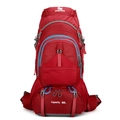 Red 80L hiking backpack with sky blue zippers and grey straps for outdoor camping - Red