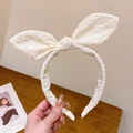 Elegant cream white lace bunny ear headband with intricate floral embroidery and bow - Beige