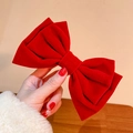 Elegant large red velvet bow hair clip for women with soft fabric texture - Red Satin Ribbon Bow Clip