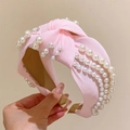 Rosafarbener Stoff-Haarreif mit breitem Knotendesign und eleganten Perlen für Damen - Rosa