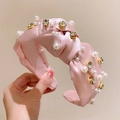 Pink satin knot headband decorated with white pearls and sparkling rhinestones - Pink
