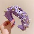 Light purple satin knotted headband with white pearls and sparkling crystal rhinestones - Purple