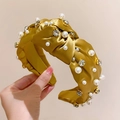 Knotted fabric headband in yellow satin finish with elegant pearls and rhinestones - Yellow