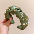 Olive green knotted headband with pearls and rhinestones in high-quality satin fabric - Green
