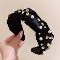 Eleganter Haarreifen aus schwarzem Satin mit Knoten, Perlen und Strasssteinen - Schwarz