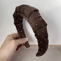 Dark brown pleated satin headband with sparkling rhinestones for an elegant hair look - Brown