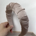 Champagne satin ruched headband with rhinestones for a high top volume hairstyle - Khaki