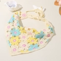 Detailed close-up of handmade floral crochet knit headscarf with delicate pastel flower patterns - Floral Yellow Blue